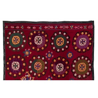 Silk Embroidery Bedspread. Burgundy Red Throw. Vintage Suzani Textile Tablecloth. Unique Wall Hanging