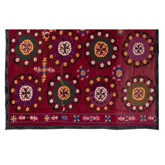 Unique Silk Embroidery Bedspread, Burgundy Red Throw, Vintage Suzani Textile Tablecloth, Decorative Wall Hanging