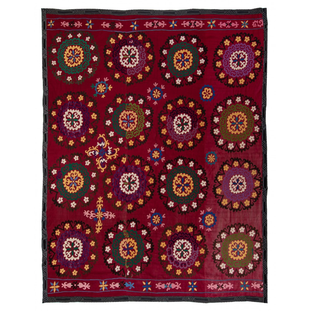 Unique Silk Embroidery Bedspread, Burgundy Red Throw, Vintage Suzani Textile Tablecloth, Decorative Wall Hanging