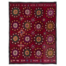Silk Embroidery Bedspread. Burgundy Red Throw. Vintage Suzani Textile Tablecloth. Unique Wall Hanging