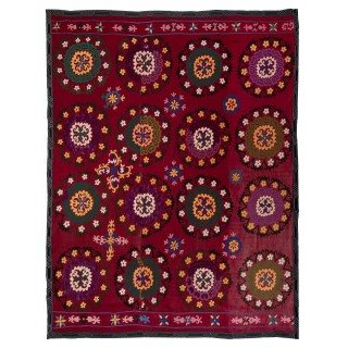 Silk Embroidery Bedspread. Burgundy Red Throw. Vintage Suzani Textile Tablecloth. Unique Wall Hanging