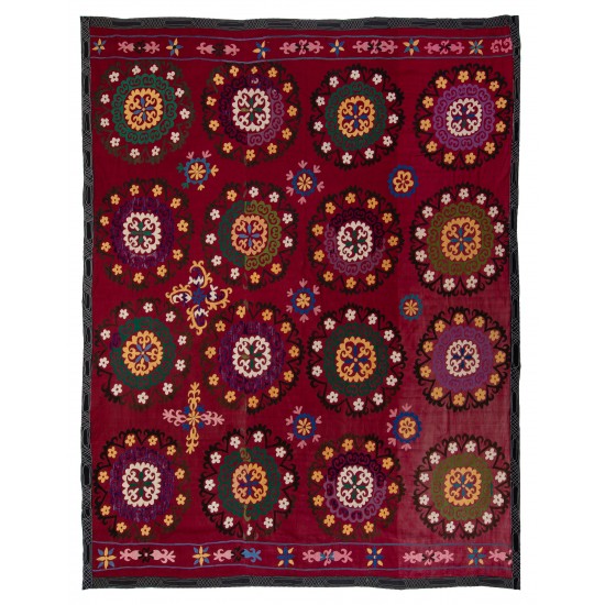 Central Asian Suzani Textile. Embroidered Cotton & Silk Bed Cover, Wall Hanging