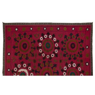 Vintage Silk Embroidery Bedspread. Burgundy Red Throw. Suzani Fabric Tablecloth