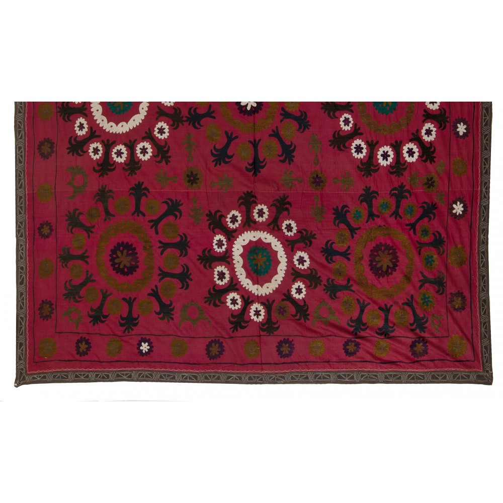 Vintage Silk Embroidery Bedspread, Burgundy Red Throw, Suzani Fabric Tablecloth