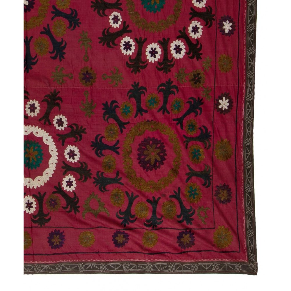 Vintage Silk Embroidery Bedspread, Burgundy Red Throw, Suzani Fabric Tablecloth