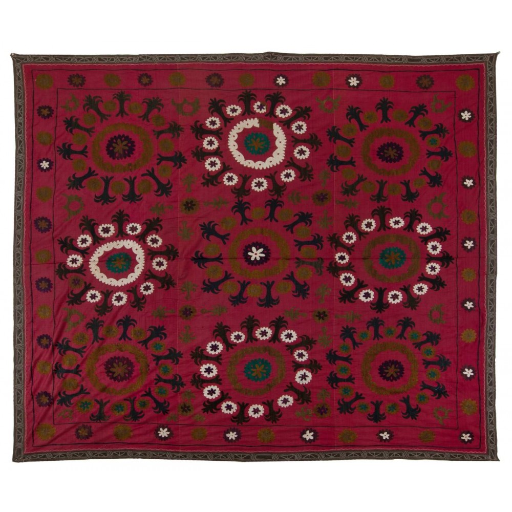 Vintage Silk Embroidery Bedspread, Burgundy Red Throw, Suzani Fabric Tablecloth