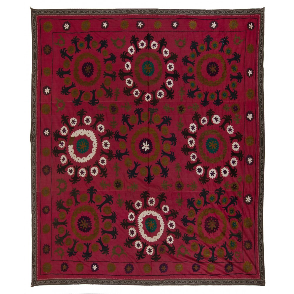 Vintage Silk Embroidery Bedspread, Burgundy Red Throw, Suzani Fabric Tablecloth