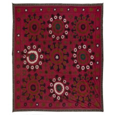 Vintage Silk Embroidery Bedspread. Burgundy Red Throw. Suzani Fabric Tablecloth