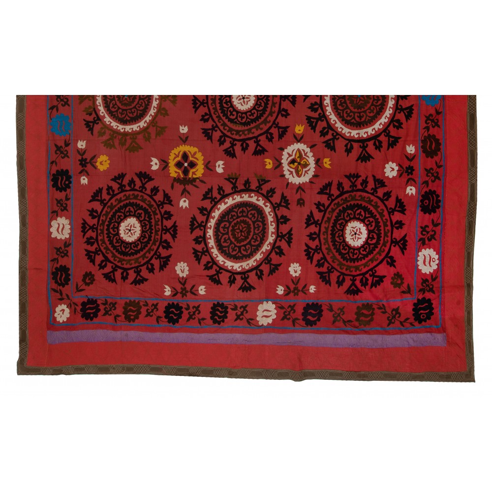 Hand Embroidered Silk and Cotton Bedspread, Vintage Wall Hanging, Uzbek Tablecloth in Red