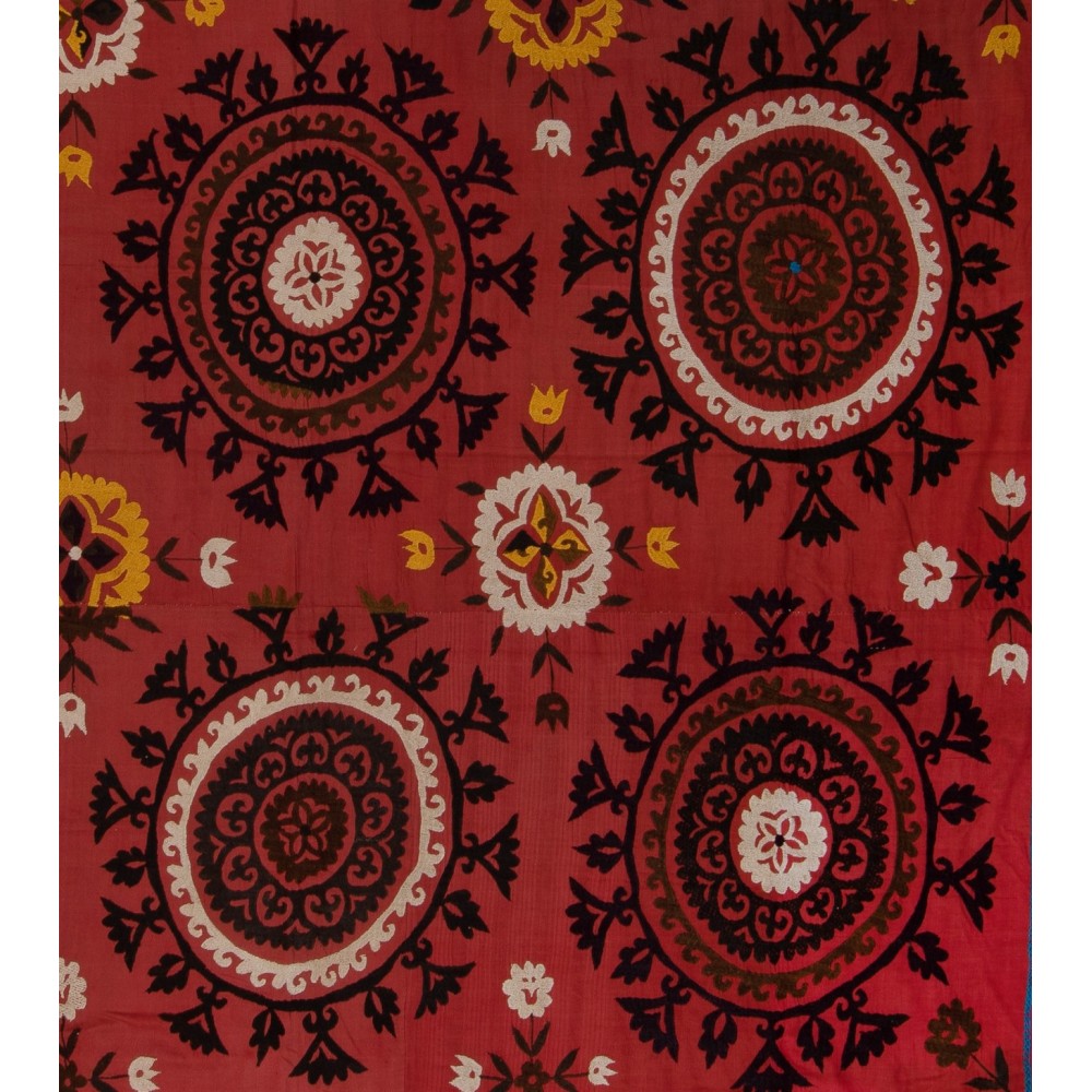 Hand Embroidered Silk and Cotton Bedspread, Vintage Wall Hanging, Uzbek Tablecloth in Red