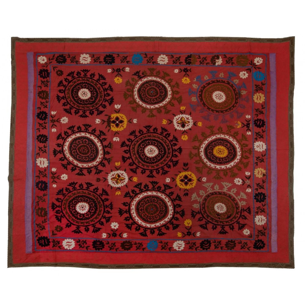 Hand Embroidered Silk and Cotton Bedspread, Vintage Wall Hanging, Uzbek Tablecloth in Red