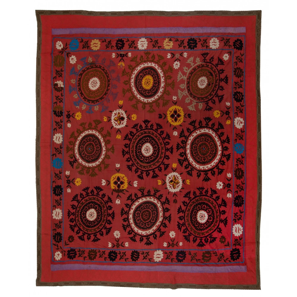 Hand Embroidered Silk and Cotton Bedspread, Vintage Wall Hanging, Uzbek Tablecloth in Red