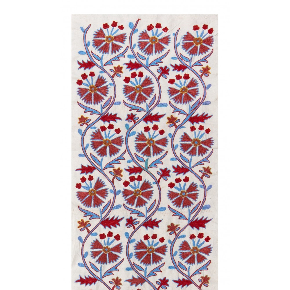 Suzani Fabric Table Runner in Beige, Green and Red. Uzbek Embroidered Silk & Cotton Wall Hanging	