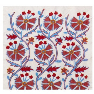 Suzani Fabric Table Runner in Beige. Green and Red. Uzbek Embroidered Silk & Cotton Wall Hanging Suzani Fabric Table Runner in Beige. Green and Red. Uzbek Embroidered Silk & Cotton Wall Hanging