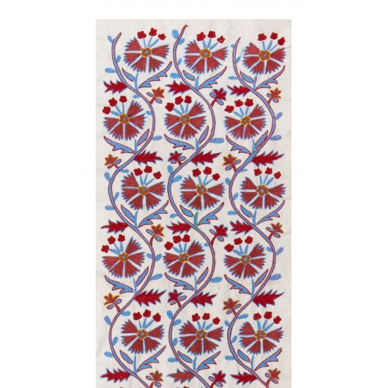 Suzani Fabric Table Runner in Beige, Green and Red. Uzbek Embroidered Silk & Cotton Wall Hanging	