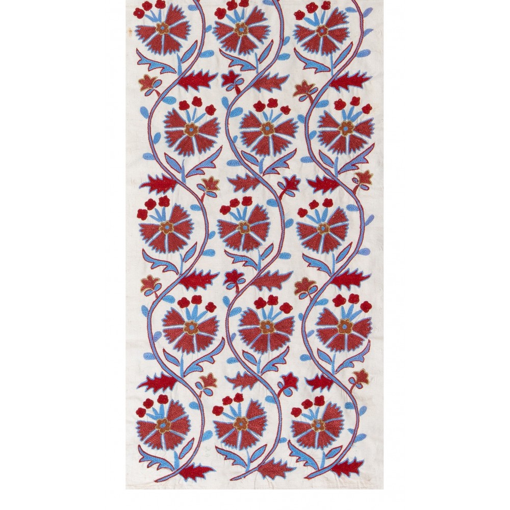 Suzani Fabric Table Runner in Beige, Green and Red. Uzbek Embroidered Silk & Cotton Wall Hanging	