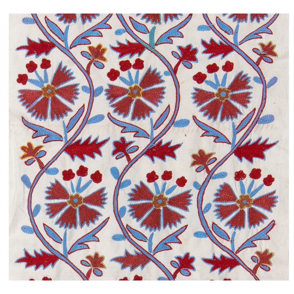 Suzani Fabric Table Runner in Beige. Green and Red. Uzbek Embroidered Silk & Cotton Wall Hanging