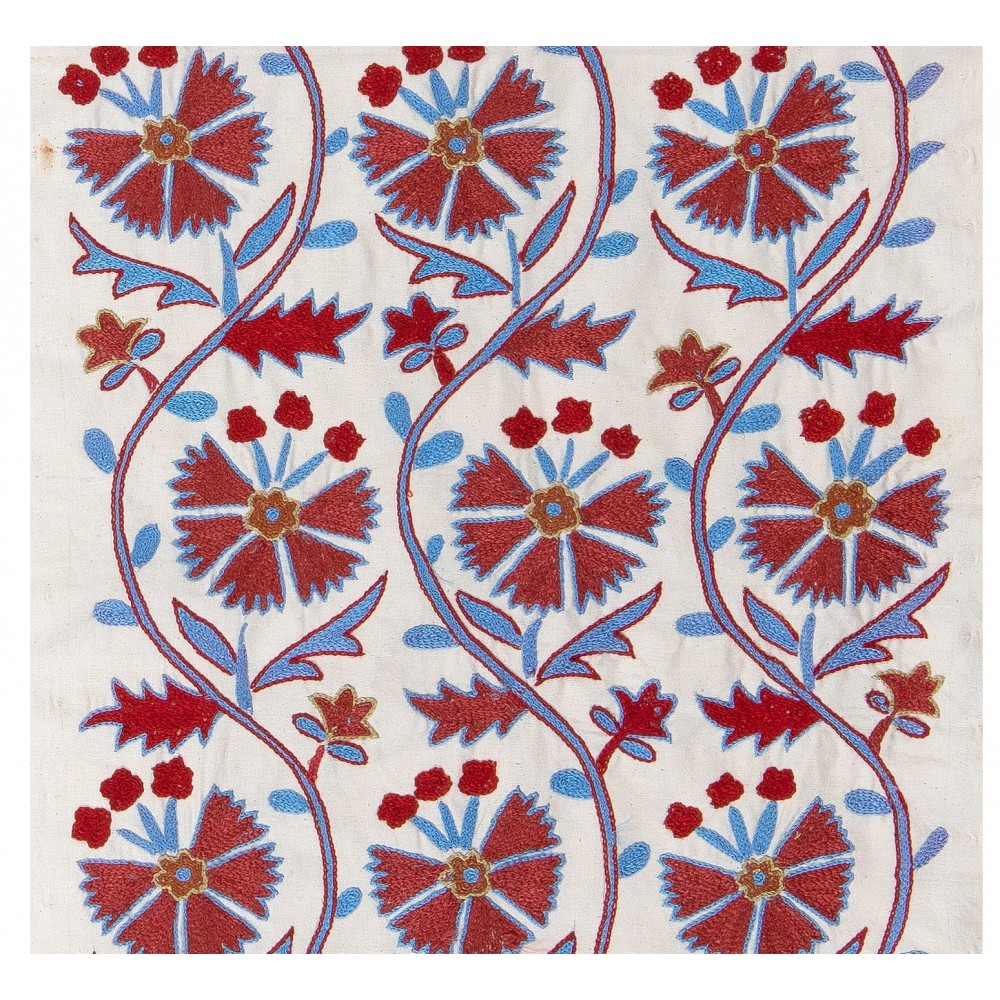 Suzani Fabric Table Runner in Beige. Green and Red. Uzbek Embroidered Silk & Cotton Wall Hanging