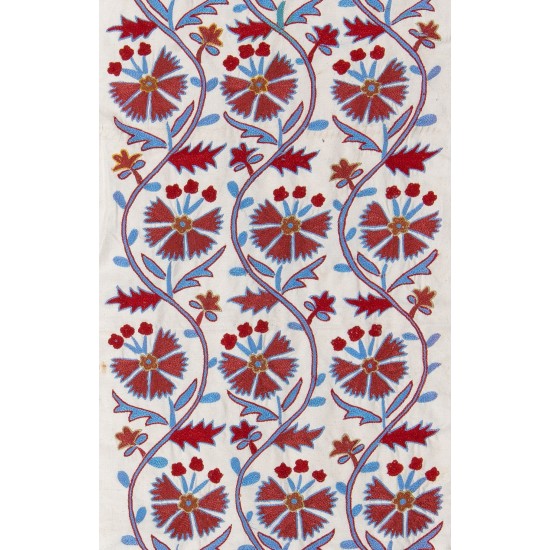 Suzani Fabric Table Runner in Beige, Green and Red. Uzbek Embroidered Silk & Cotton Wall Hanging	