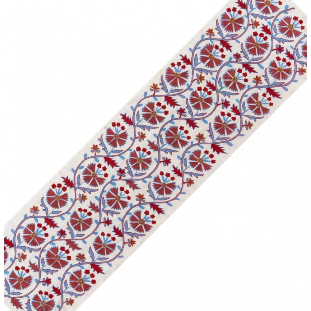 Suzani Fabric Table Runner in Beige, Green and Red. Uzbek Embroidered Silk & Cotton Wall Hanging	