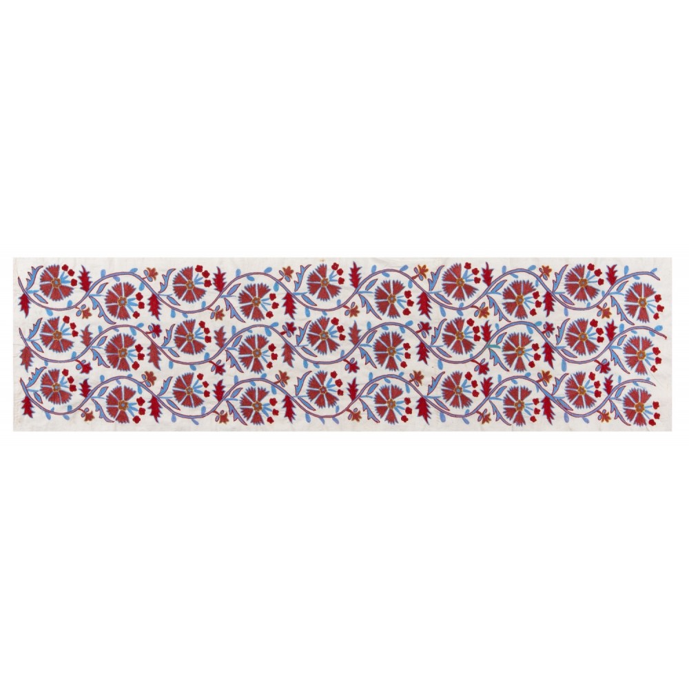 Suzani Fabric Table Runner in Beige, Green and Red. Uzbek Embroidered Silk & Cotton Wall Hanging	