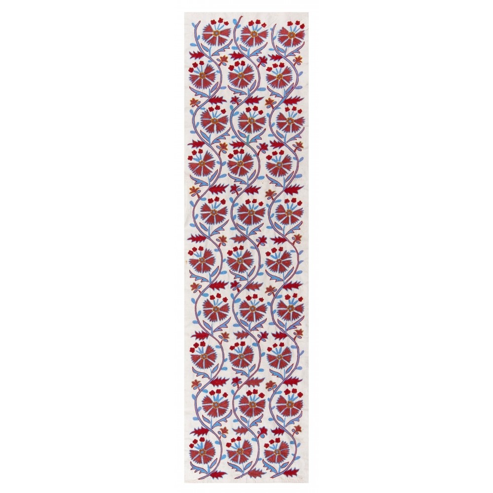 Suzani Fabric Table Runner in Beige, Green and Red. Uzbek Embroidered Silk & Cotton Wall Hanging	