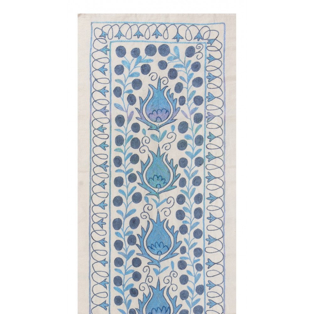 Beige and Blue Suzani Fabric Table Runner. Uzbek Embroidered Silk & Cotton Wall Hanging