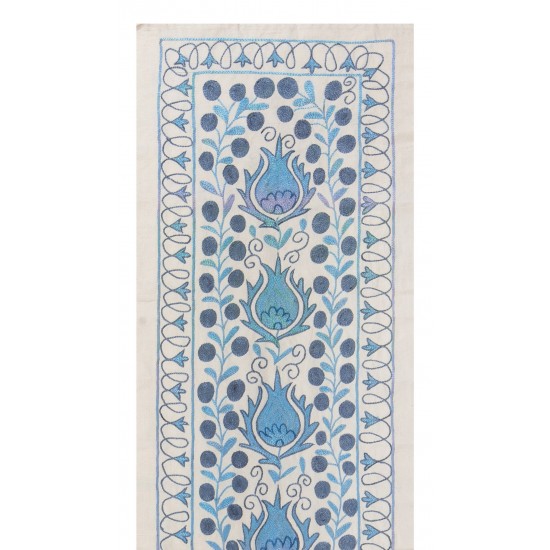 Beige and Blue Suzani Fabric Table Runner. Uzbek Embroidered Silk & Cotton Wall Hanging Beige and Blue Suzani Fabric Table Runner. Uzbek Embroidered Silk & Cotton Wall Hanging