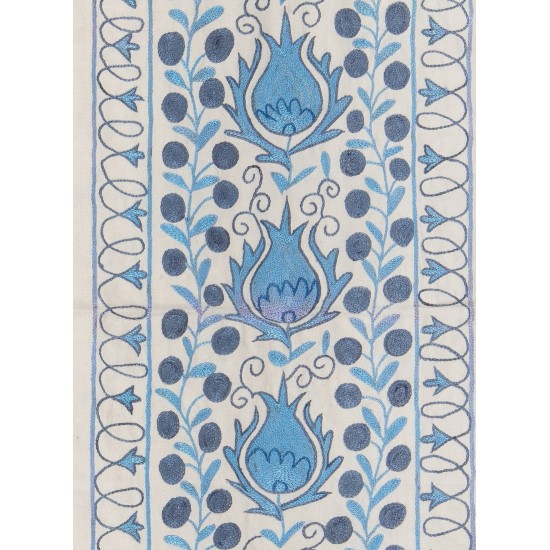 Beige and Blue Suzani Fabric Table Runner. Uzbek Embroidered Silk & Cotton Wall Hanging