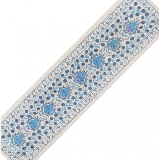 Beige and Blue Suzani Fabric Table Runner. Uzbek Embroidered Silk & Cotton Wall Hanging Beige and Blue Suzani Fabric Table Runner. Uzbek Embroidered Silk & Cotton Wall Hanging