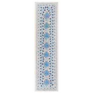 Beige and Blue Suzani Fabric Table Runner. Uzbek Embroidered Silk & Cotton Wall Hanging