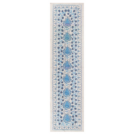 Beige and Blue Suzani Fabric Table Runner. Uzbek Embroidered Silk & Cotton Wall Hanging