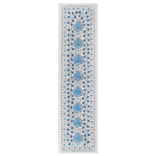 Beige and Blue Suzani Fabric Table Runner. Uzbek Embroidered Silk & Cotton Wall Hanging Beige and Blue Suzani Fabric Table Runner. Uzbek Embroidered Silk & Cotton Wall Hanging