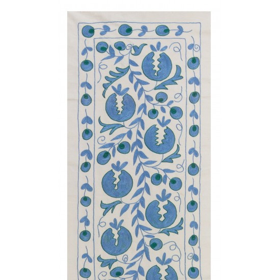 Beige and Blue Suzani Fabric Table Runner. Uzbek Embroidered Silk & Cotton Wall Hanging Beige and Blue Suzani Fabric Table Runner. Uzbek Embroidered Silk & Cotton Wall Hanging