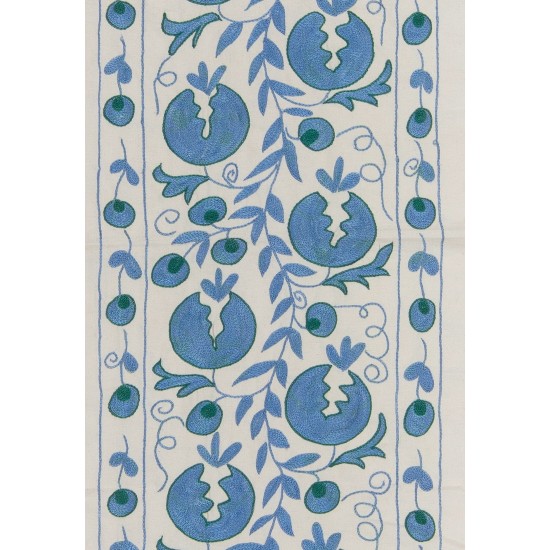 Beige and Blue Suzani Fabric Table Runner. Uzbek Embroidered Silk & Cotton Wall Hanging Beige and Blue Suzani Fabric Table Runner. Uzbek Embroidered Silk & Cotton Wall Hanging