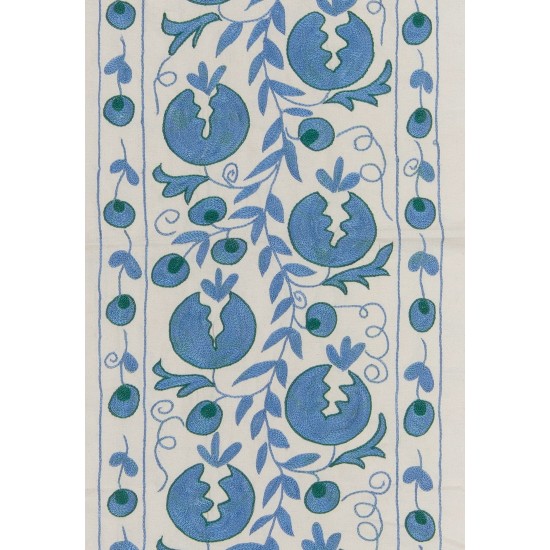 Beige and Blue Suzani Fabric Table Runner. Uzbek Embroidered Silk & Cotton Wall Hanging