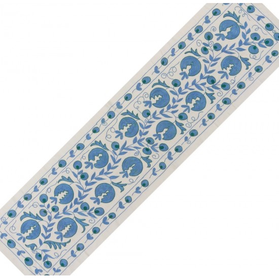 Beige and Blue Suzani Fabric Table Runner. Uzbek Embroidered Silk & Cotton Wall Hanging Beige and Blue Suzani Fabric Table Runner. Uzbek Embroidered Silk & Cotton Wall Hanging