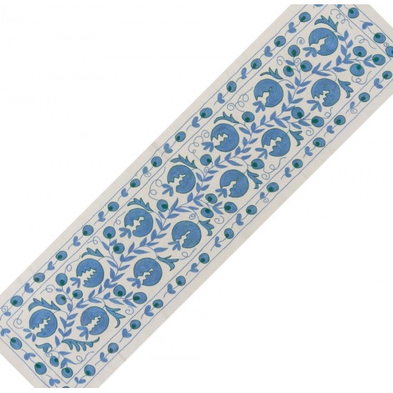 Beige and Blue Suzani Fabric Table Runner. Uzbek Embroidered Silk & Cotton Wall Hanging