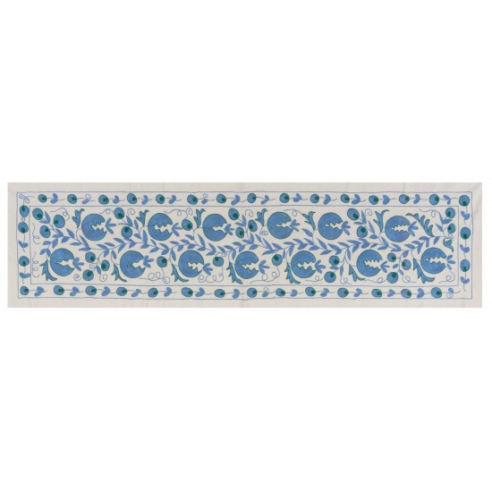 Beige and Blue Suzani Fabric Table Runner. Uzbek Embroidered Silk & Cotton Wall Hanging Beige and Blue Suzani Fabric Table Runner. Uzbek Embroidered Silk & Cotton Wall Hanging