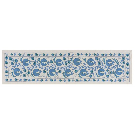 Beige and Blue Suzani Fabric Table Runner. Uzbek Embroidered Silk & Cotton Wall Hanging