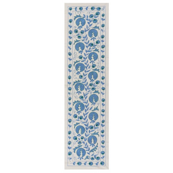 Beige and Blue Suzani Fabric Table Runner. Uzbek Embroidered Silk & Cotton Wall Hanging Beige and Blue Suzani Fabric Table Runner. Uzbek Embroidered Silk & Cotton Wall Hanging