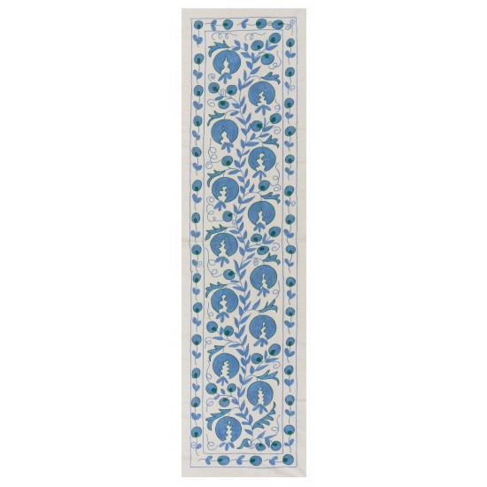 Beige and Blue Suzani Fabric Table Runner. Uzbek Embroidered Silk & Cotton Wall Hanging