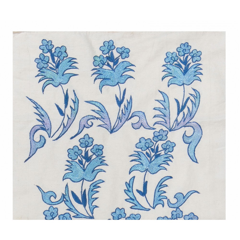 Suzani Wall Hanging. Silk Embroidery Table Runner in Blue and Cream
