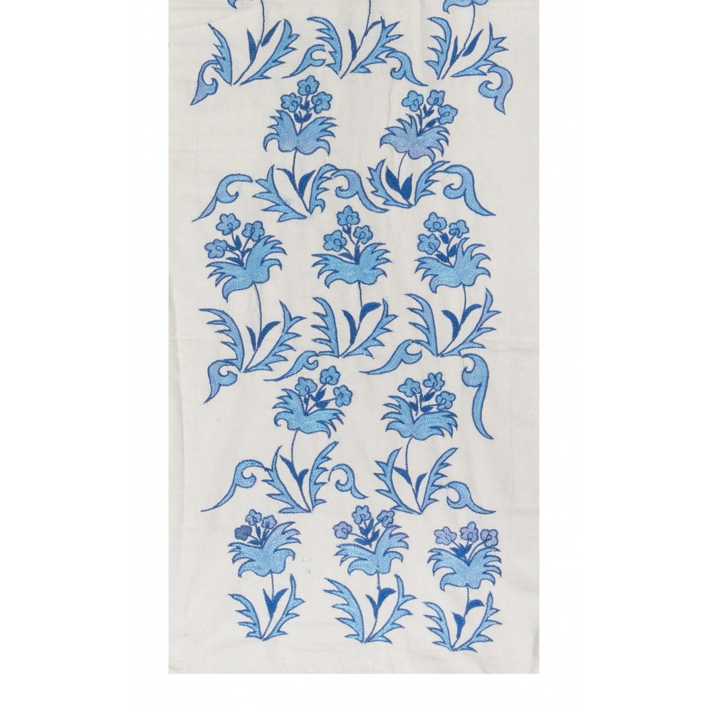 Suzani Wall Hanging. Silk Embroidery Table Runner in Blue and Cream