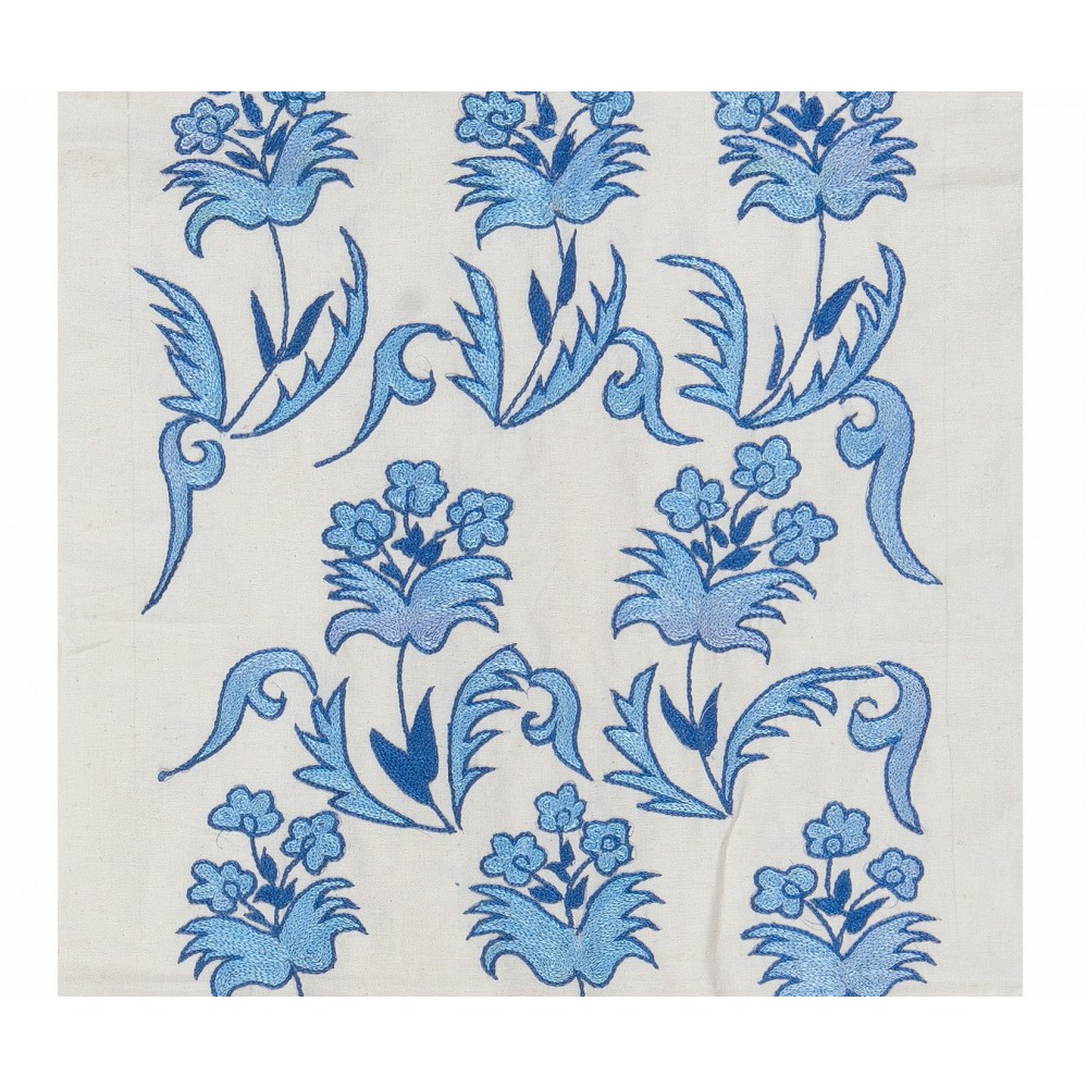 Suzani Wall Hanging. Silk Embroidery Table Runner in Blue and Cream