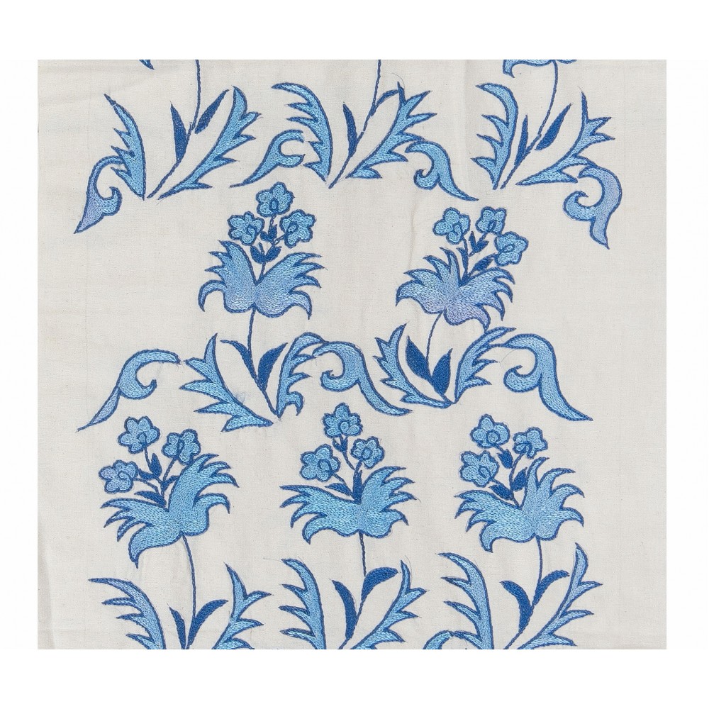 Suzani Wall Hanging. Silk Embroidery Table Runner in Blue and Cream