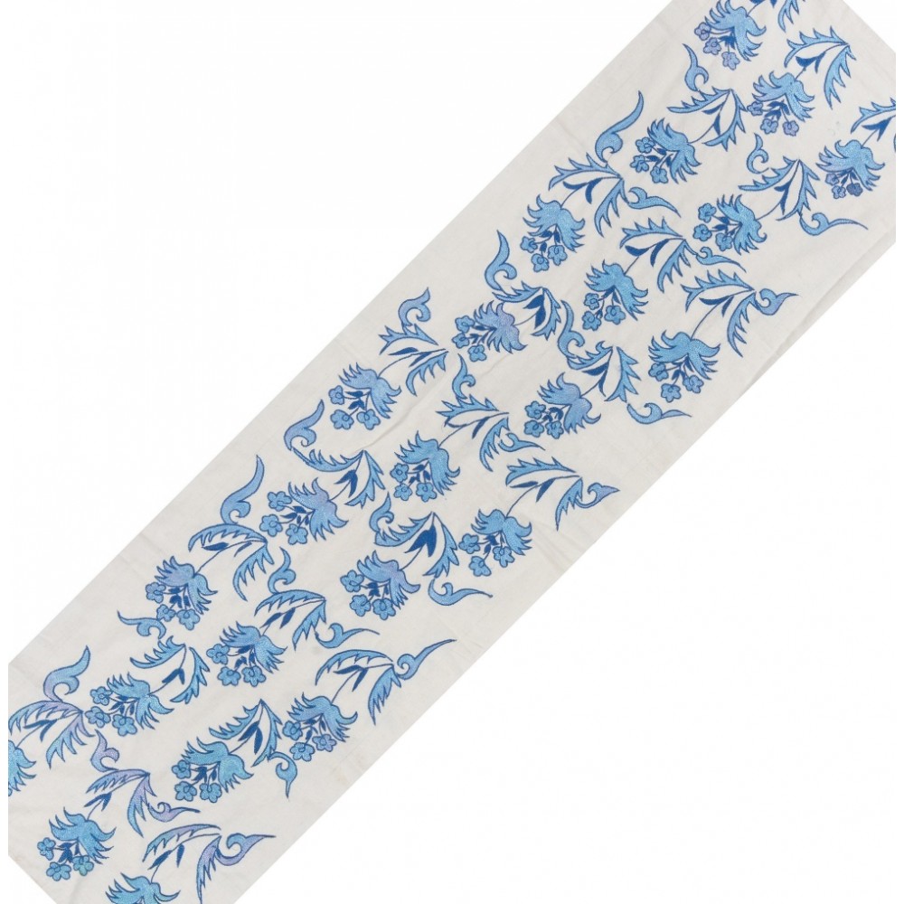 Suzani Wall Hanging. Silk Embroidery Table Runner in Blue and Cream