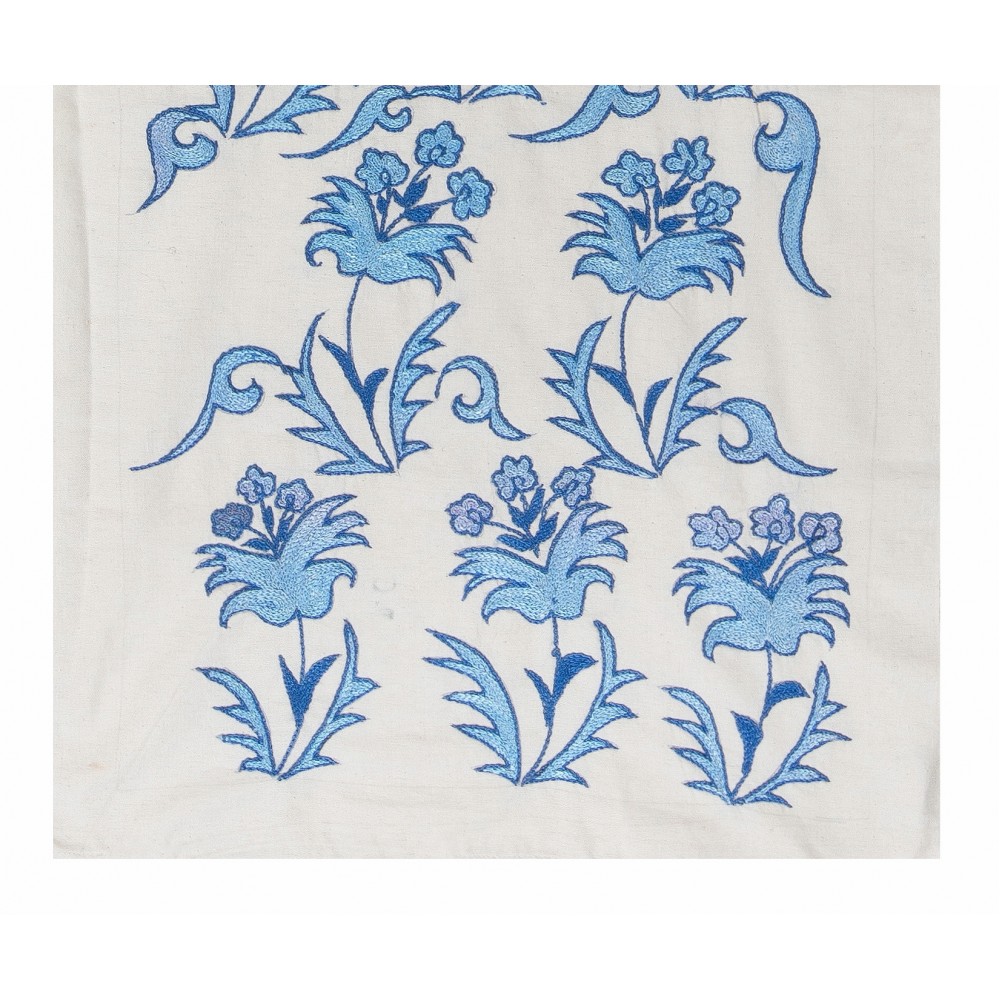 Suzani Wall Hanging. Silk Embroidery Table Runner in Blue and Cream