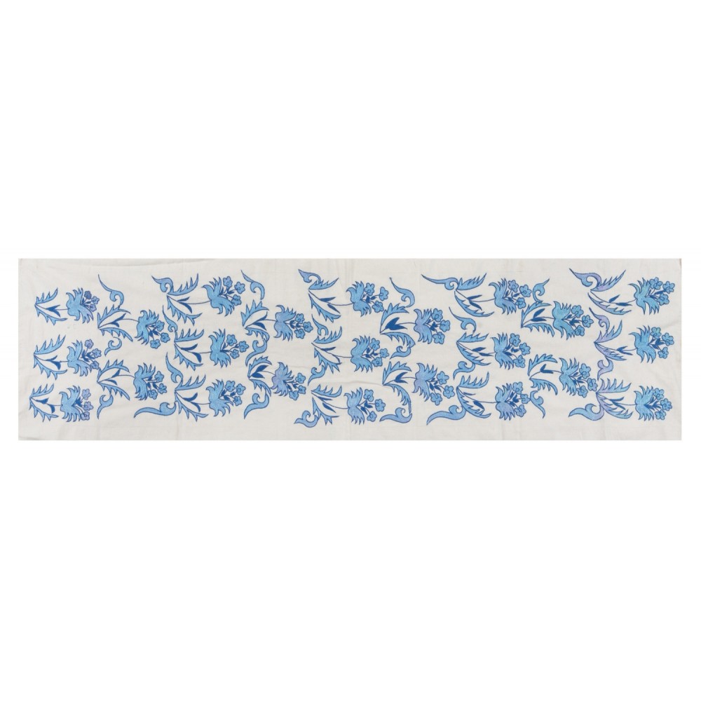 Suzani Wall Hanging. Silk Embroidery Table Runner in Blue and Cream
