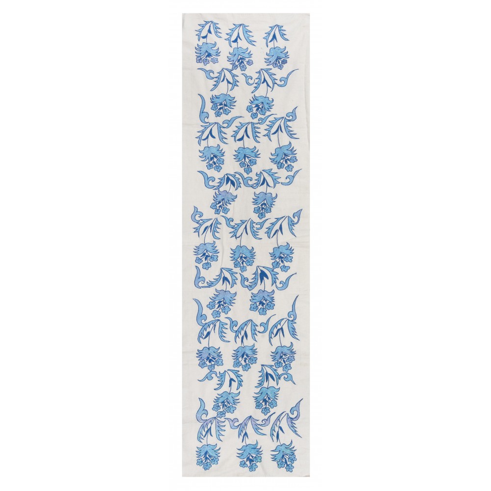 Suzani Wall Hanging. Silk Embroidery Table Runner in Blue and Cream